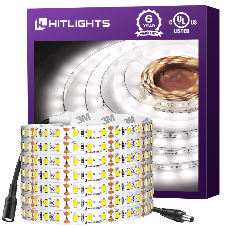 HitLights LED Strip Lights Cool White 5000K, 16.4ft High Density 12V Tape Light, UL-Listed, 600 LEDs, 300Lm/ft, Flexible Dimmable Rope Lights for Bedroom, Kitchen, Cabinet (Power Source Not Included) - Image 1